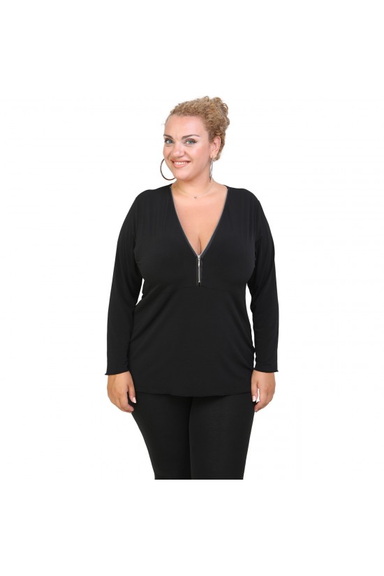 B20-190 Μπλούζα ίσια με φερμουάρ jersey - Μαύρο B20-190 Μπλούζα ίσια με φερμουάρ jersey - Μαύρο