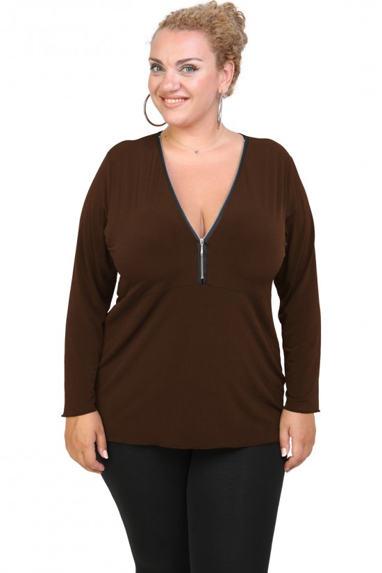 B20-190 Μπλούζα ίσια με φερμουάρ jersey - Καφέ
