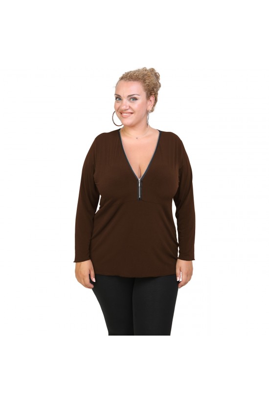 B20-190 Μπλούζα ίσια με φερμουάρ jersey - Καφέ B20-190 Μπλούζα ίσια με φερμουάρ jersey - Καφέ