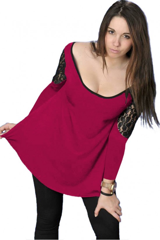 B19-213 Μπλούζα άλφα με δαντέλα στους ώμους - Φούξια