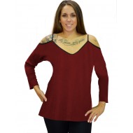 B19-223 Μπλούζα ίσια με βε - Μπορντώ