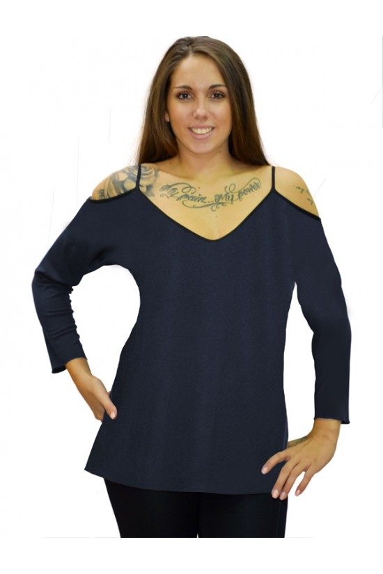B19-223 Μπλούζα ίσια με βε - Μπλε Μαρέν