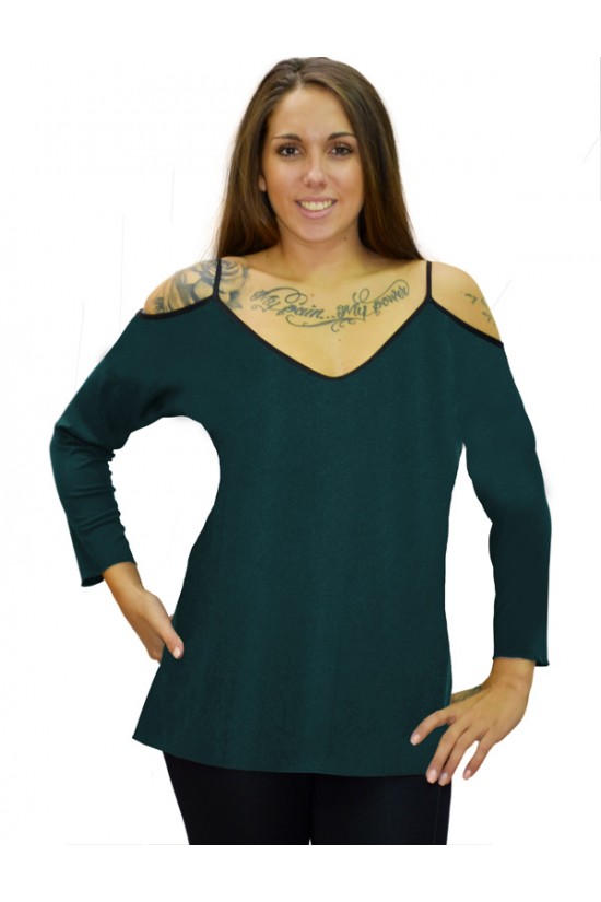 B19-223 Μπλούζα ίσια με βε - Πετρόλ