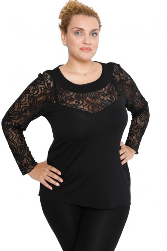 B19-247D Μπλούζα ίσια κομποζέ με δαντέλα - Μαύρο