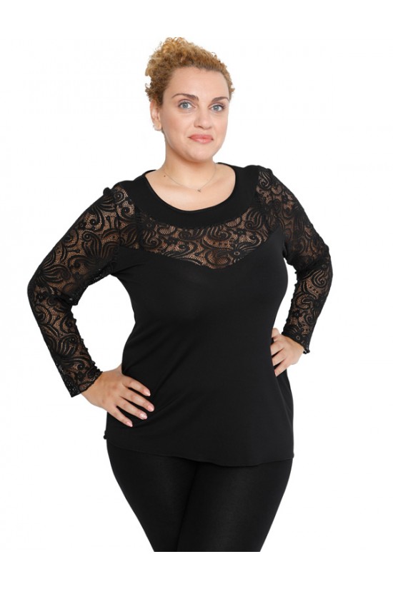 B19-247D Μπλούζα ίσια κομποζέ με δαντέλα - Μαύρο B19-247D Μπλούζα ίσια κομποζέ με δαντέλα - Μαύρο