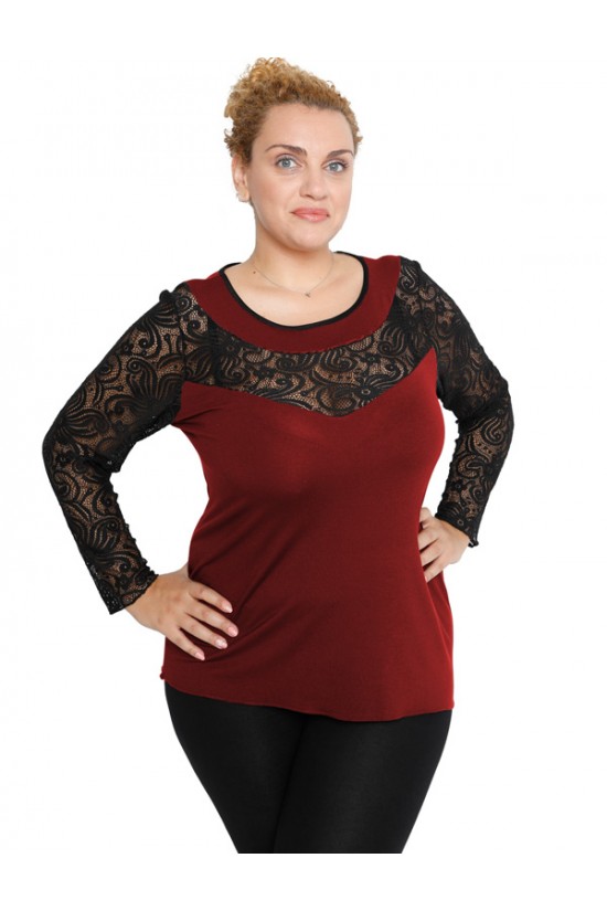 B19-247D Μπλούζα ίσια κομποζέ με δαντέλα - Μπορντώ B19-247D Μπλούζα ίσια κομποζέ με δαντέλα - Μπορντώ