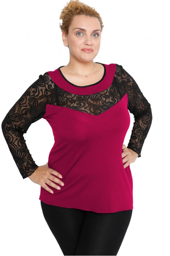 B19-247D Μπλούζα ίσια κομποζέ με δαντέλα - Φούξια