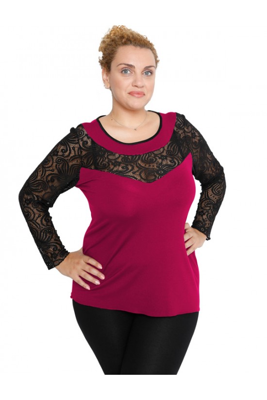 B19-247D Μπλούζα ίσια κομποζέ με δαντέλα - Φούξια