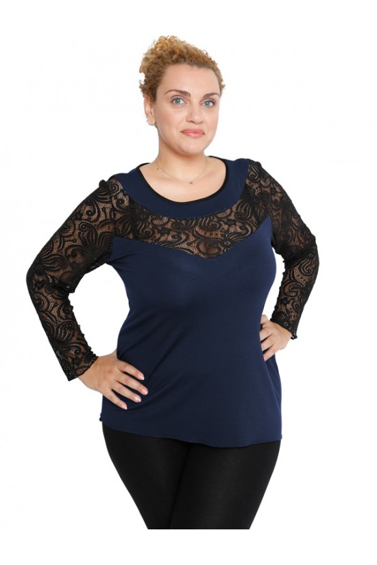 B19-247D Μπλούζα ίσια κομποζέ με δαντέλα - Μπλε Μαρέν