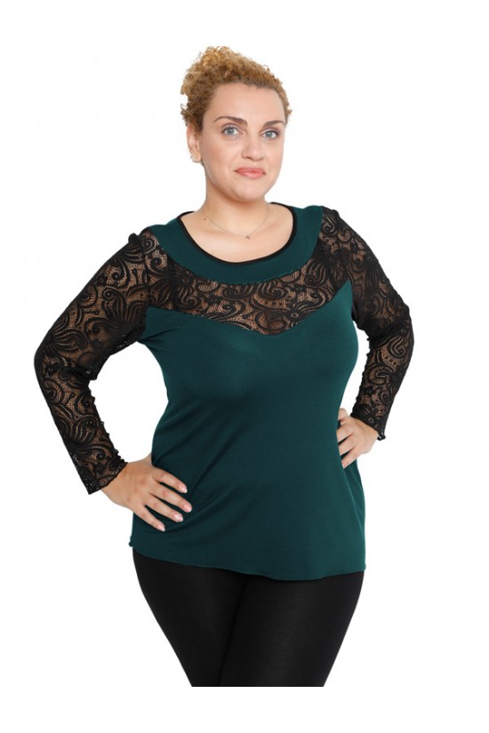 B19-247D Μπλούζα ίσια κομποζέ με δαντέλα - Πετρόλ B19-247D Μπλούζα ίσια κομποζέ με δαντέλα - Πετρόλ