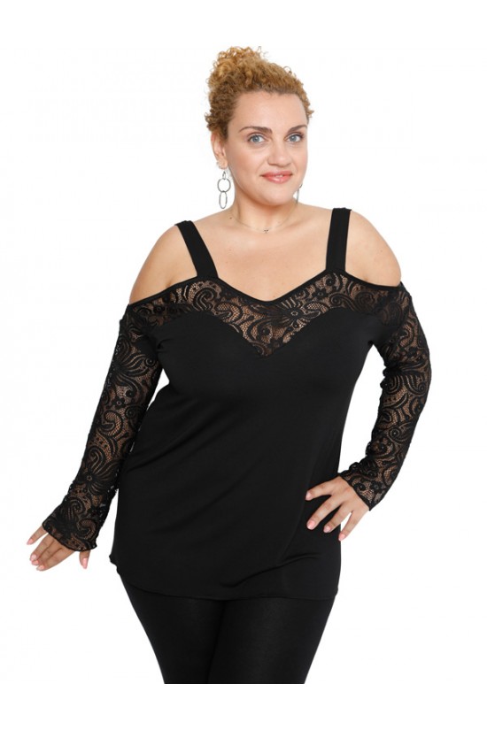 B19-248D Μπλούζα ίσια κομποζέ με δαντέλα - Μαύρο B19-248D Μπλούζα ίσια κομποζέ με δαντέλα - Μαύρο