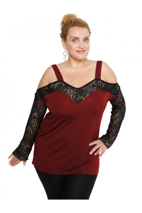 B19-248D Μπλούζα ίσια κομποζέ με δαντέλα - Μπορντώ