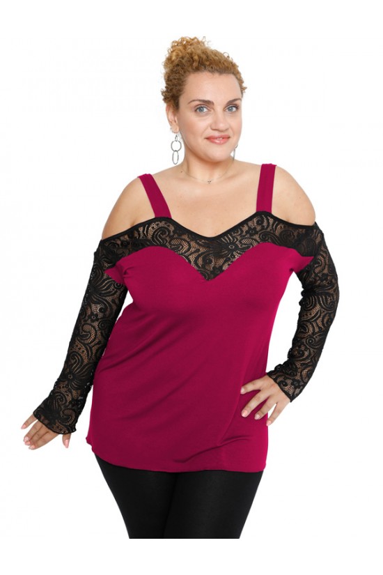 B19-248D Μπλούζα ίσια κομποζέ με δαντέλα - Φούξια