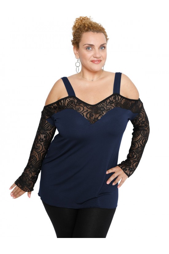 B19-248D Μπλούζα ίσια κομποζέ με δαντέλα - Μπλε Μαρέν