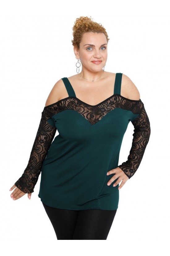 B19-248D Μπλούζα ίσια κομποζέ με δαντέλα - Πετρόλ B19-248D Μπλούζα ίσια κομποζέ με δαντέλα - Πετρόλ