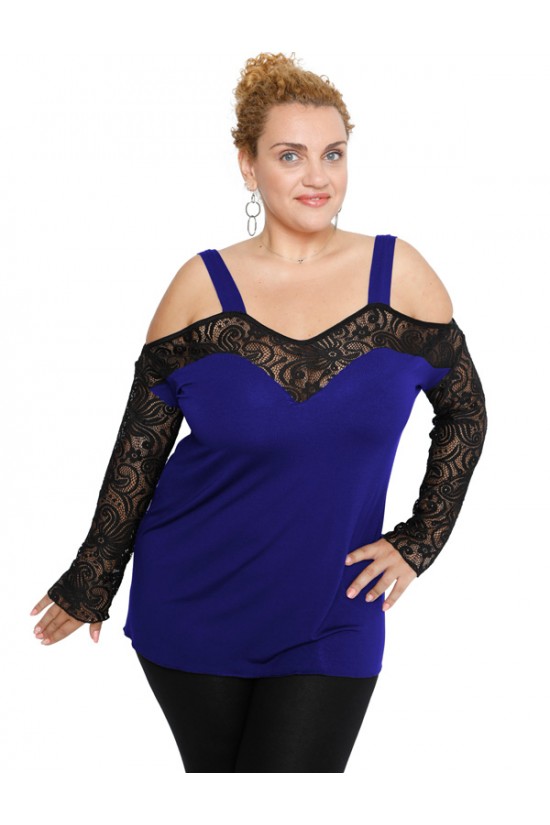 B19-248D Μπλούζα ίσια κομποζέ με δαντέλα - Μπλε Ρουά