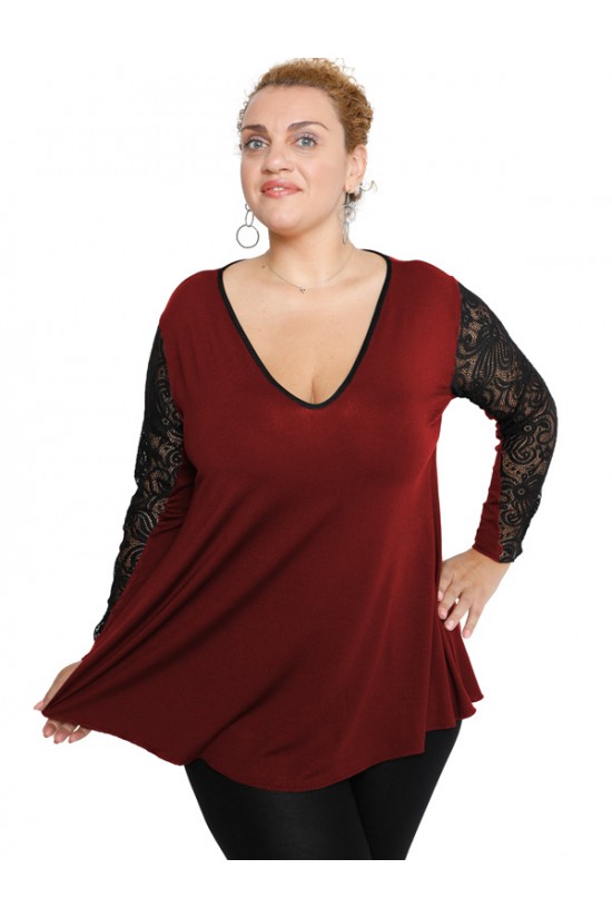 B19-251D Μπλούζα άλφα με δαντέλα στο μανίκι - Μπορντώ