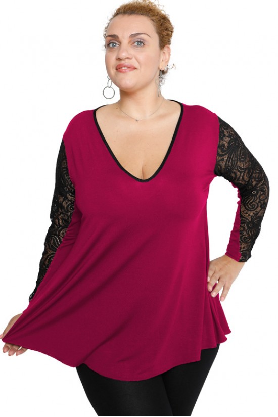 B19-251D Μπλούζα άλφα με δαντέλα στο μανίκι - Φούξια