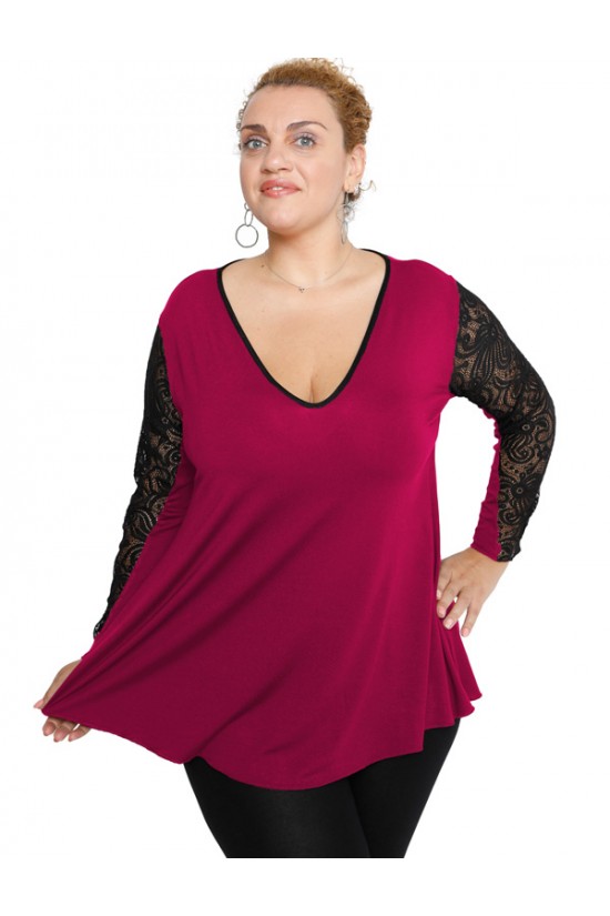 B19-251D Μπλούζα άλφα με δαντέλα στο μανίκι - Φούξια