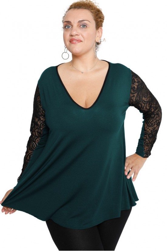 B19-251D Μπλούζα άλφα με δαντέλα στο μανίκι - Πετρόλ