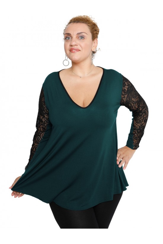 B19-251D Μπλούζα άλφα με δαντέλα στο μανίκι - Πετρόλ