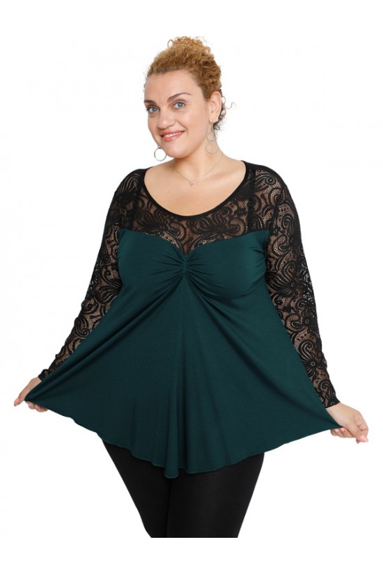 B19-253D Μπλούζα άλφα κομποζέ με δαντέλα - Πετρόλ