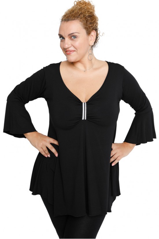 B19-255 Μπλούζα άλφα με δέσιμο στο στήθος - Μαύρο