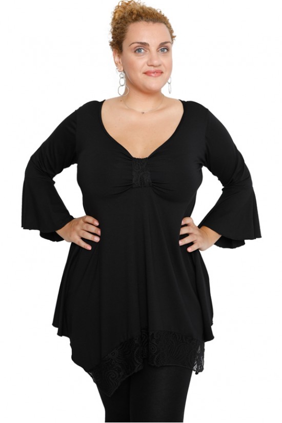 B19-255D Μπλούζα άλφα με δαντέλα δέσιμο στο στήθος - Μαύρο