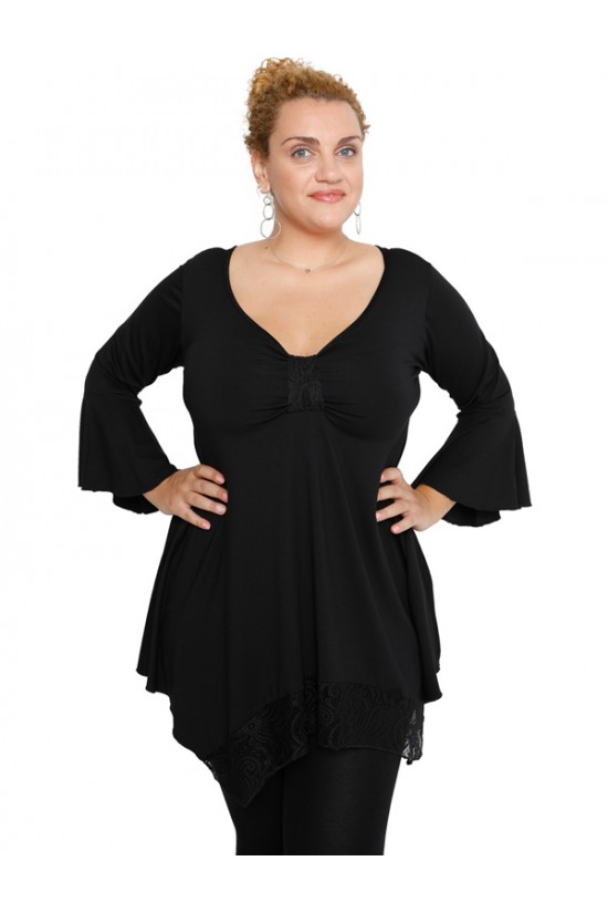 B19-255D Μπλούζα άλφα με δαντέλα δέσιμο στο στήθος - Μαύρο