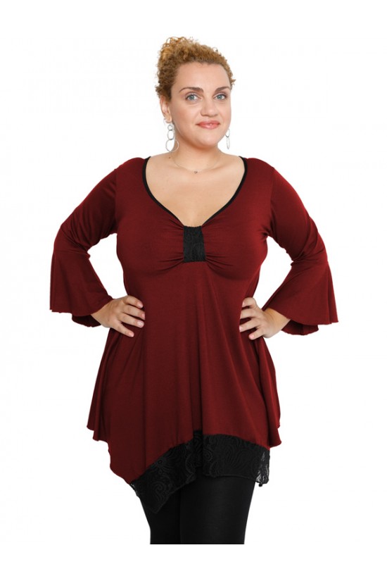 B19-255D Μπλούζα άλφα με δαντέλα δέσιμο στο στήθος - Μπορντώ