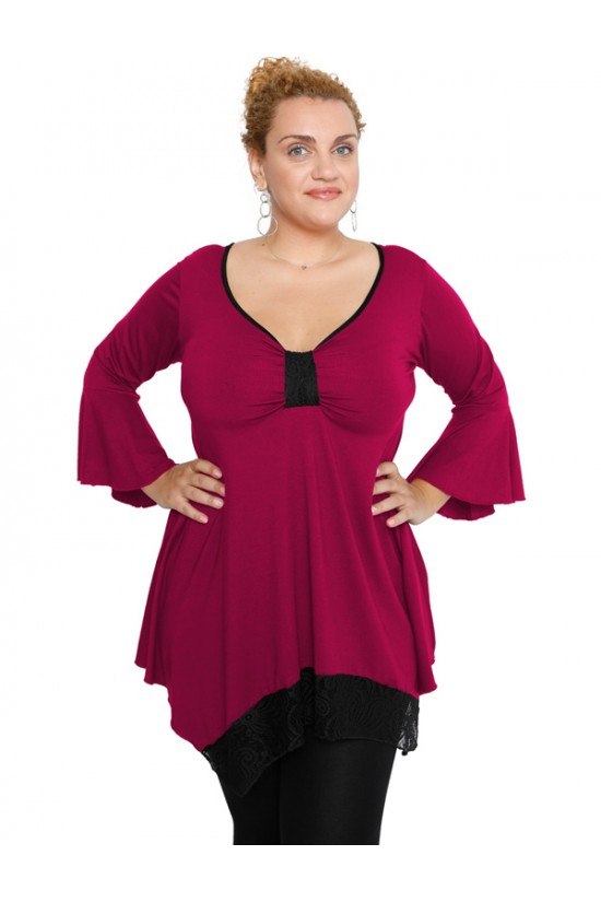 B19-255D Μπλούζα άλφα με δαντέλα δέσιμο στο στήθος - Φούξια