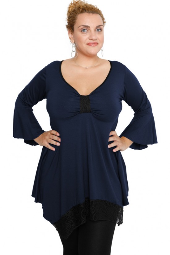 B19-255D Μπλούζα άλφα με δαντέλα δέσιμο στο στήθος - Μπλε Μαρέν