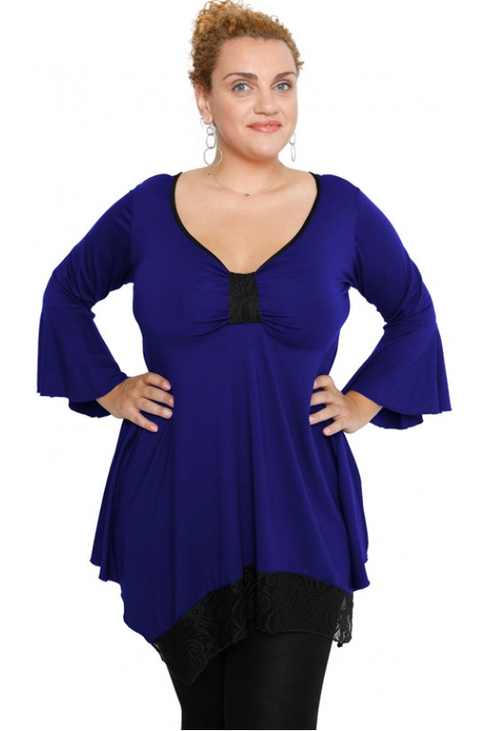 B19-255D Μπλούζα άλφα με δαντέλα δέσιμο στο στήθος - Μπλε Ρουά