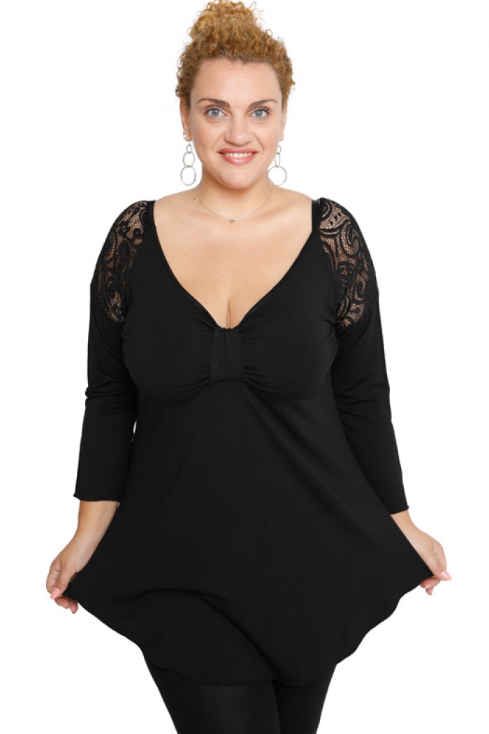 B19-279D Classic blouse with lace on shoulders - Black