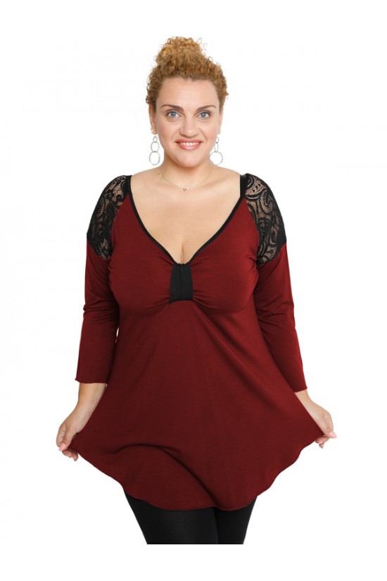 B19-279D Μπλούζα ίσια με δαντέλα στους ώμους - Μπορντώ