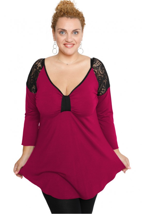 B19-279D Μπλούζα ίσια με δαντέλα στους ώμους - Φούξια