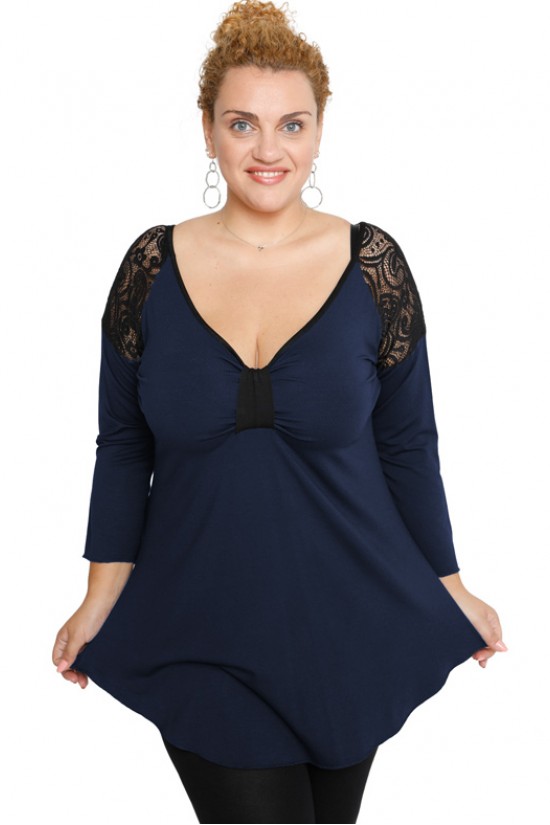 B19-279D Μπλούζα ίσια με δαντέλα στους ώμους - Μπλε Μαρέν