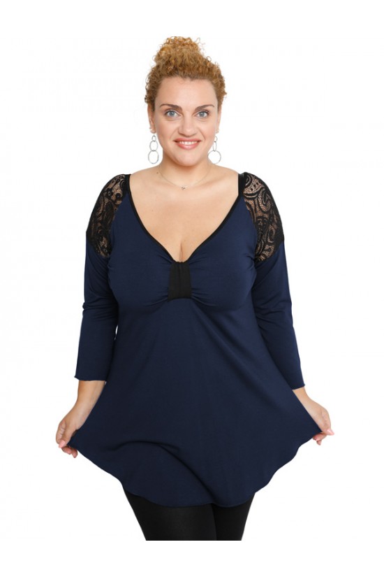 B19-279D Μπλούζα ίσια με δαντέλα στους ώμους - Μπλε Μαρέν B19-279D Μπλούζα ίσια με δαντέλα στους ώμους - Μπλε Μαρέν