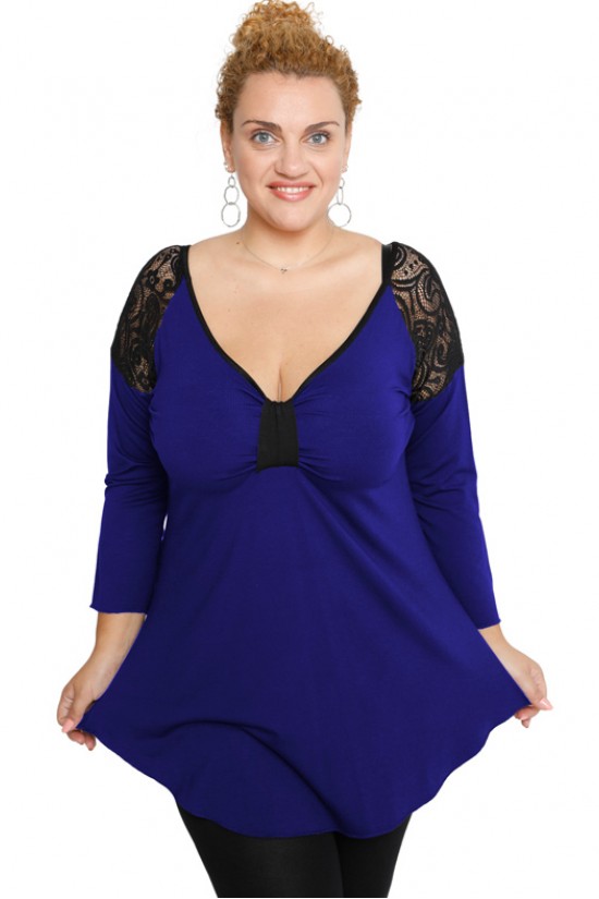 B19-279D Μπλούζα ίσια με δαντέλα στους ώμους - Μπλε Ρουά