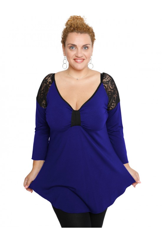 B19-279D Μπλούζα ίσια με δαντέλα στους ώμους - Μπλε Ρουά B19-279D Μπλούζα ίσια με δαντέλα στους ώμους - Μπλε Ρουά