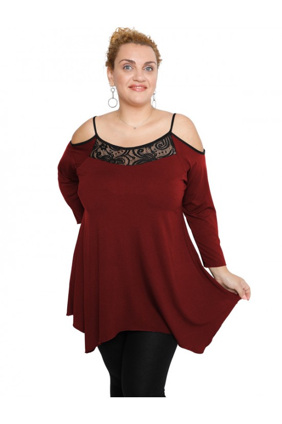B19-283D Μπλούζα άλφα με δαντέλα στο στήθος - Μπορντώ