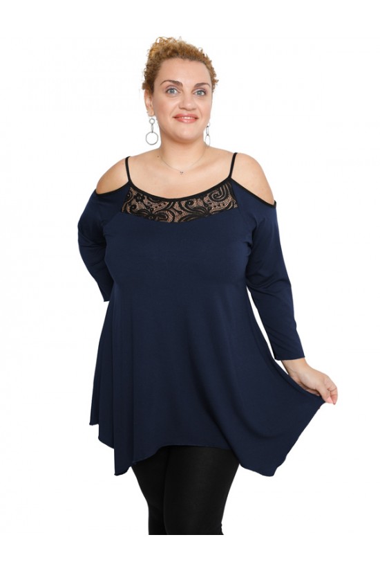 B19-283D Μπλούζα άλφα με δαντέλα στο στήθος - Μπλε Μαρέν B19-283D Μπλούζα άλφα με δαντέλα στο στήθος - Μπλε Μαρέν