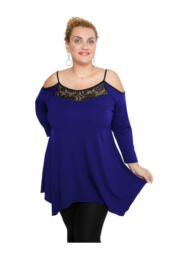 B19-283D Μπλούζα άλφα με δαντέλα στο στήθος - Μπλε Ρουά