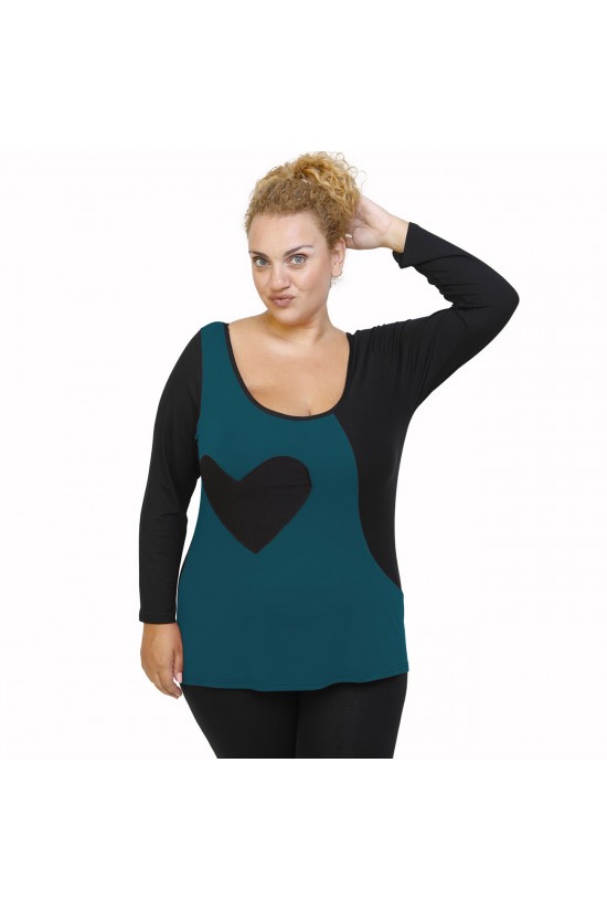 B21-124 Μπλούζα ίσια κομποζέ με καρδιά - Πετρόλ B21-124 Μπλούζα ίσια κομποζέ με καρδιά - Πετρόλ
