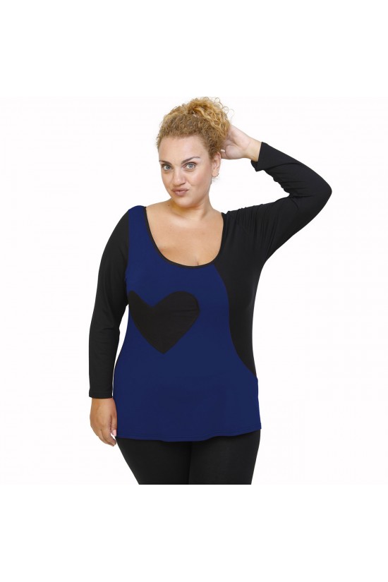 B21-124 Μπλούζα ίσια κομποζέ με καρδιά - Μπλε Ρουά