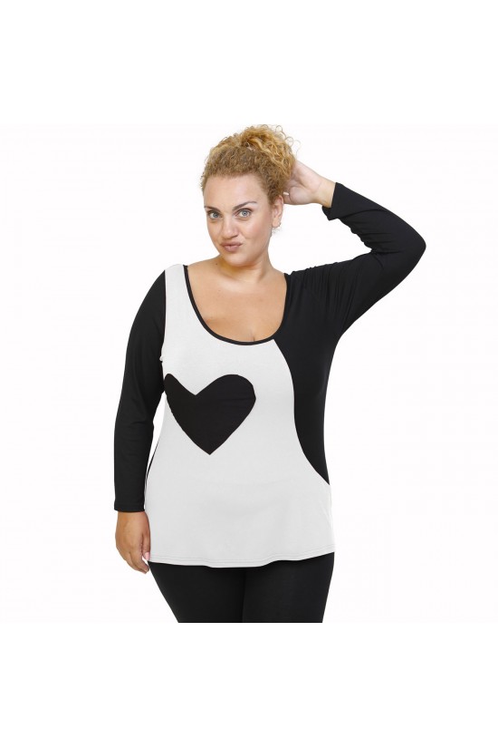 B21-124 Μπλούζα ίσια κομποζέ με καρδιά - Άσπρο B21-124 Μπλούζα ίσια κομποζέ με καρδιά - Άσπρο