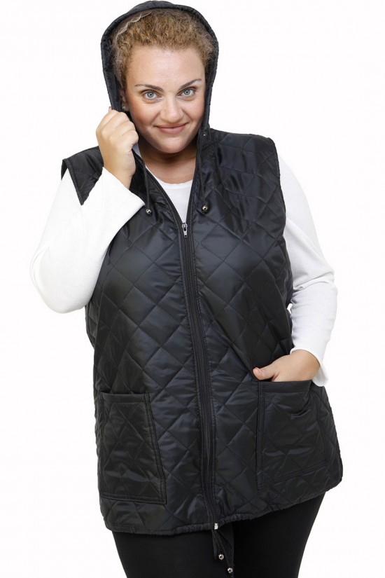 B21-6629AK Αμάνικο μπουφάν με φερμουάρ και κουκούλα  - Μαύρο B21-6629AK Αμάνικο μπουφάν με φερμουάρ και κουκούλα  - Μαύρο