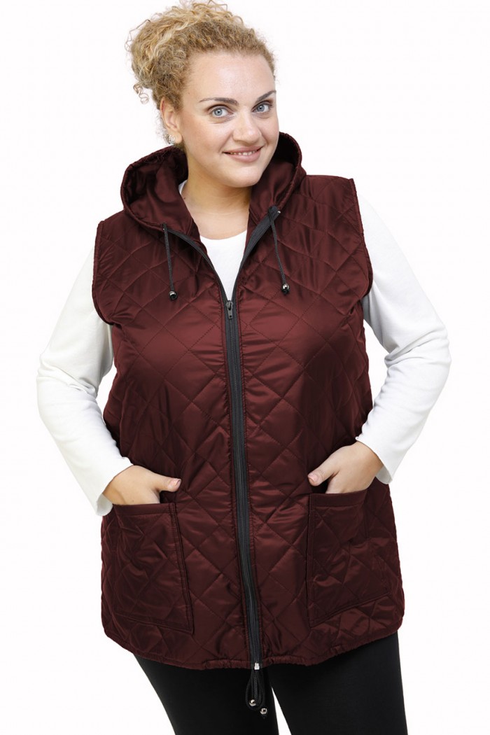 B21-6629AK Sleeveless jacket with zipper and hood - Bordeaux
