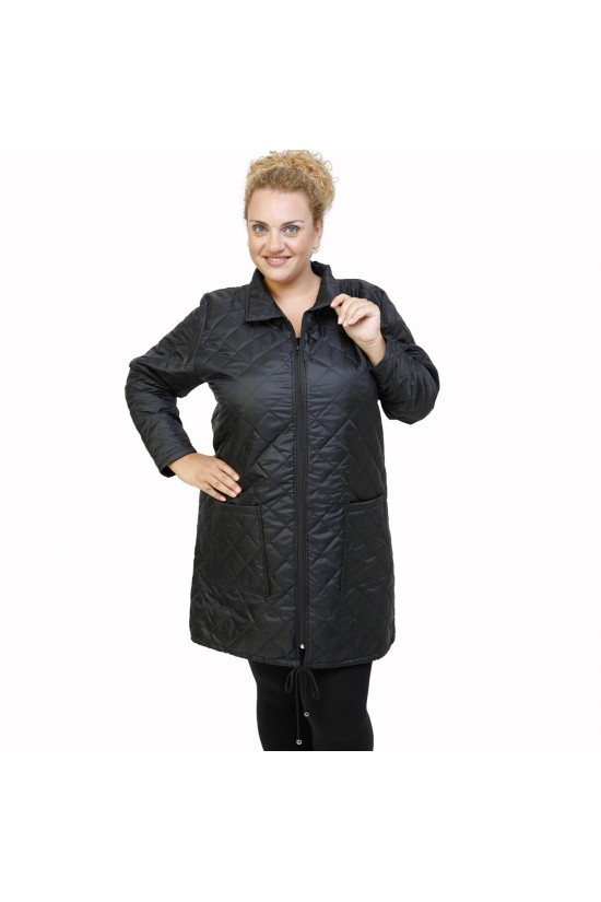 B21-6629MG Μακρύ μπουφάν με φερμουάρ και γιακά - Μαύρο