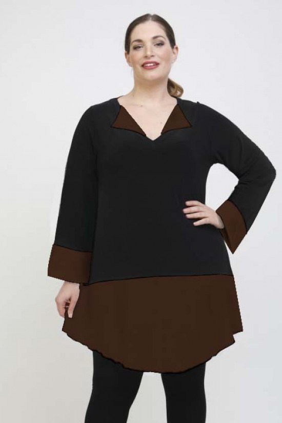 B22-120 Μπλούζα Μακριά με διχρωμία στα μανίκια στο γιακά και στο κάτω μέρος Super Jersey - Καφέ